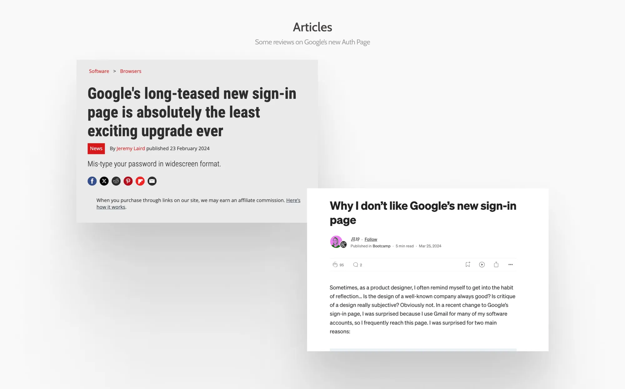 Online articles discussing negative reactions to the new Google sign-in page