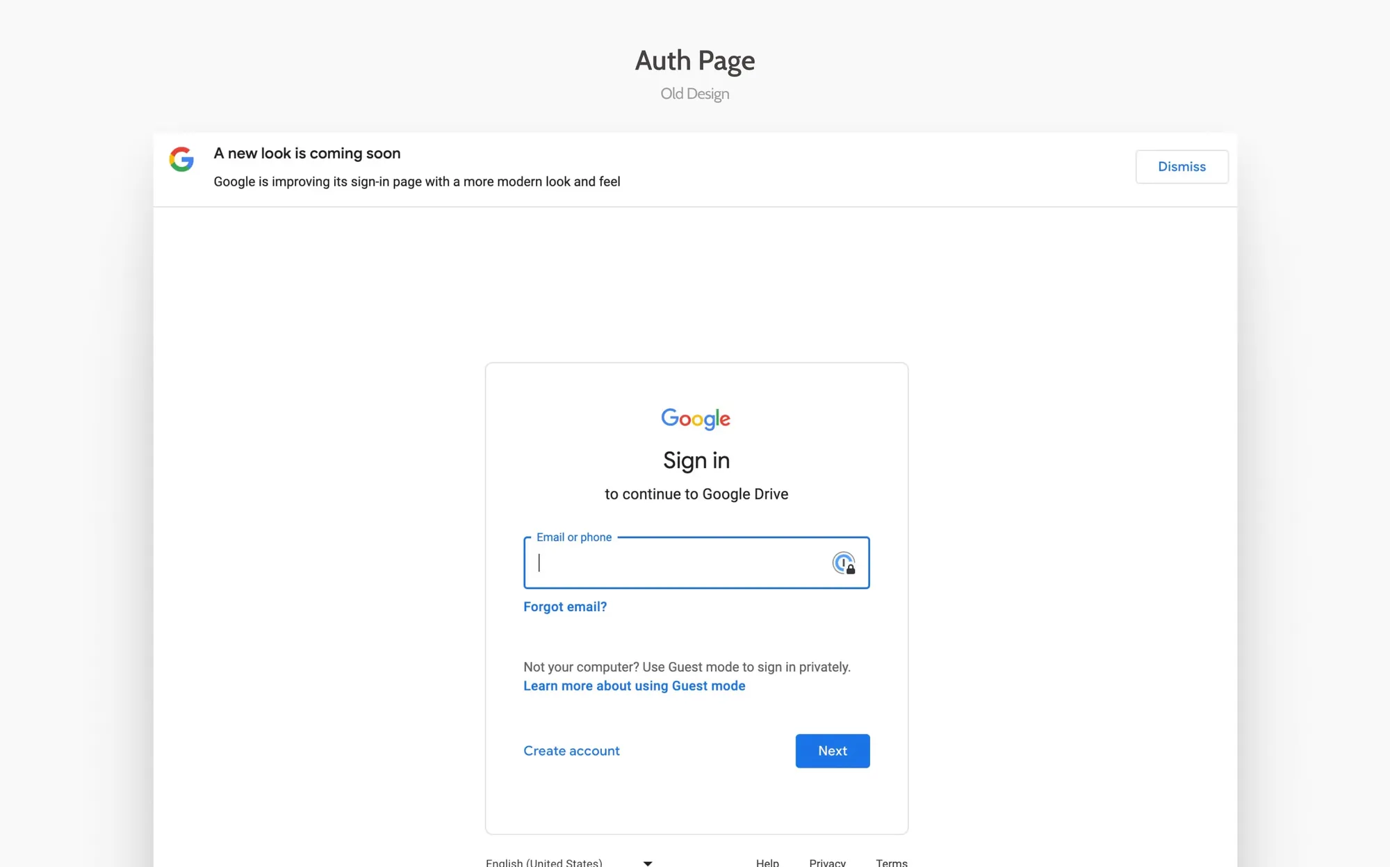 Screenshot of the old Google sign-in page design