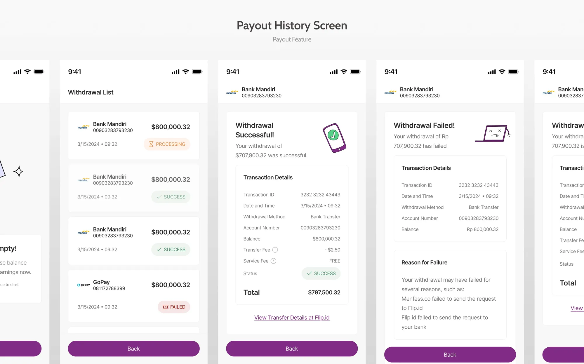 Payout history screen showing past withdrawals