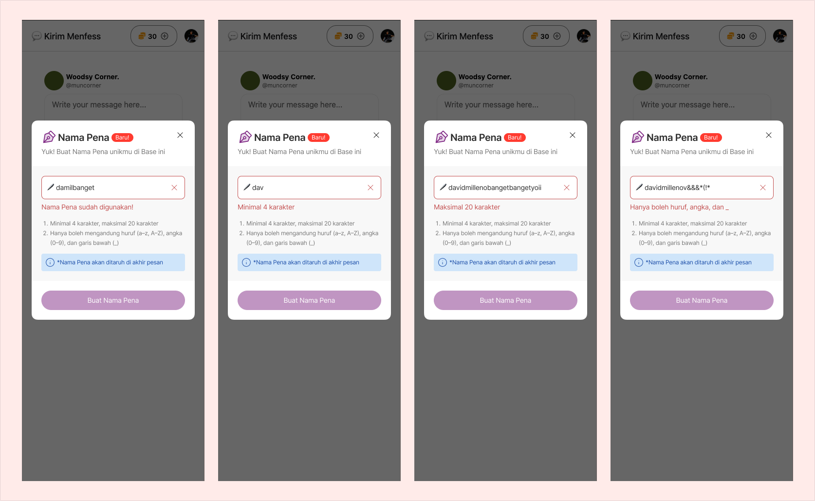 Validation states for taken and too-short pen names