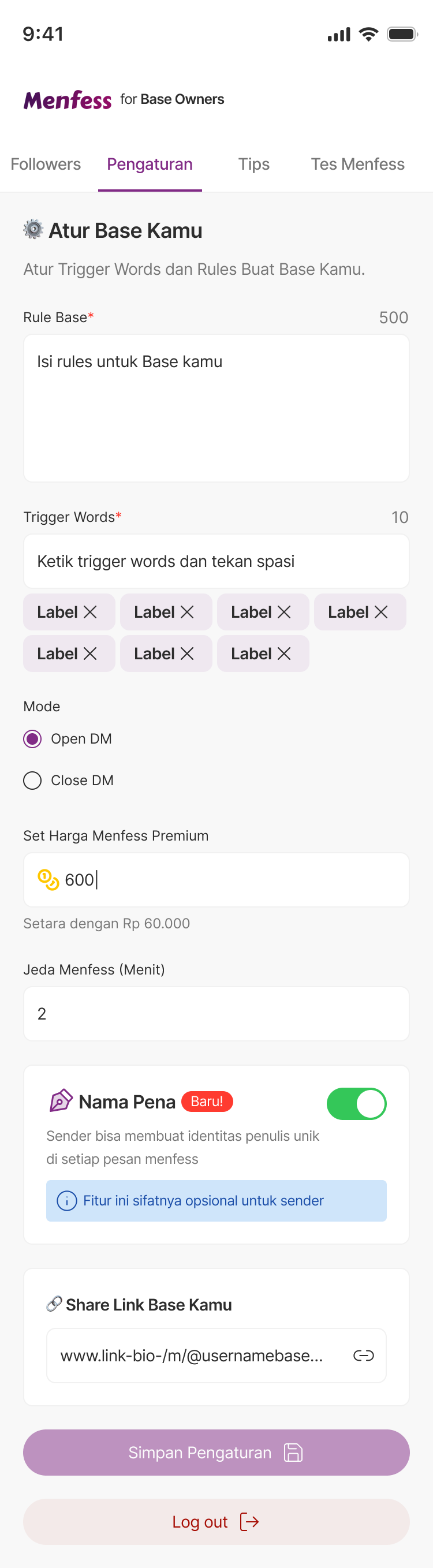 Base Owner settings with the Nama Pena toggle switched on