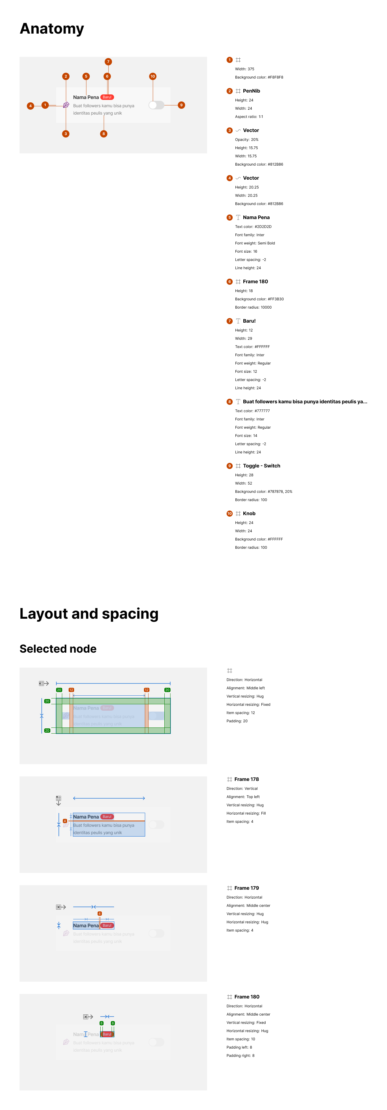 Design specs showing anatomy and spacing of the pen name row