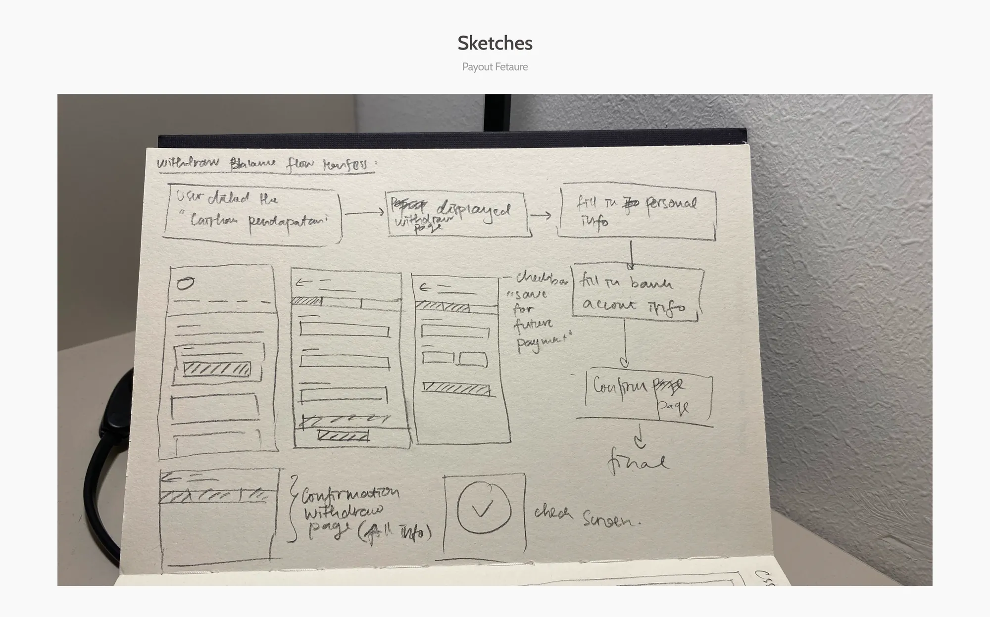 Early sketches and moodboard for the payout feature