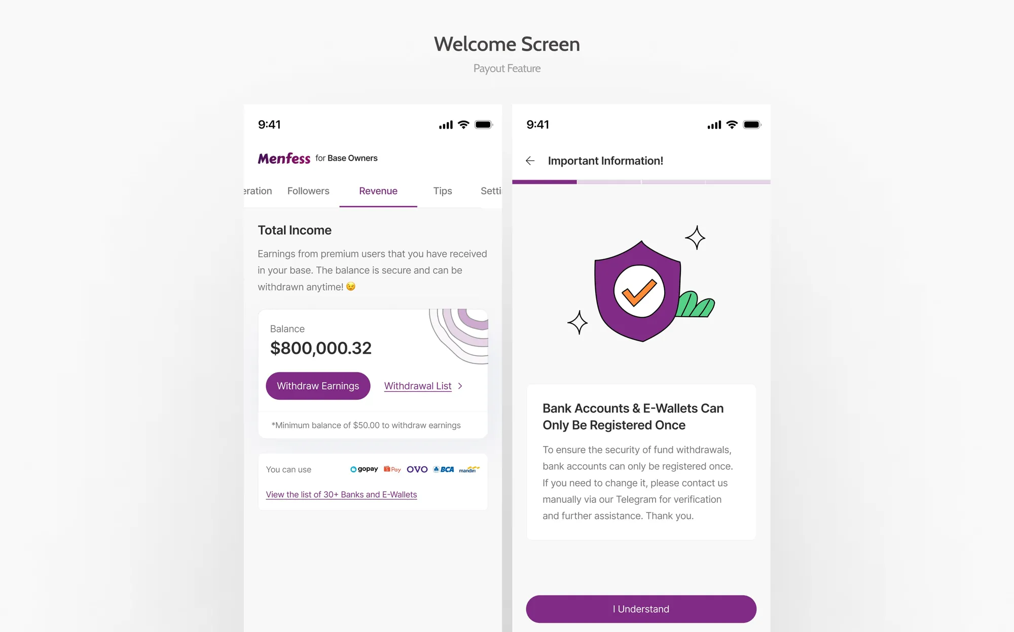 Welcome screen of the new payout dashboard